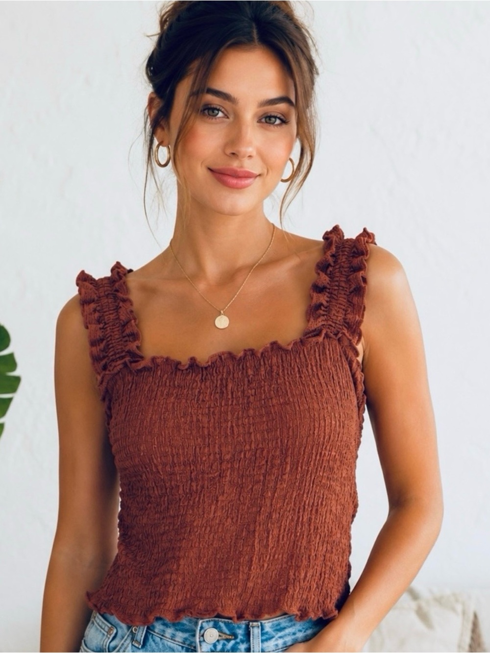 Glo Fashion London Brown Smocked Ruffle Tank Top XL Francesca’s